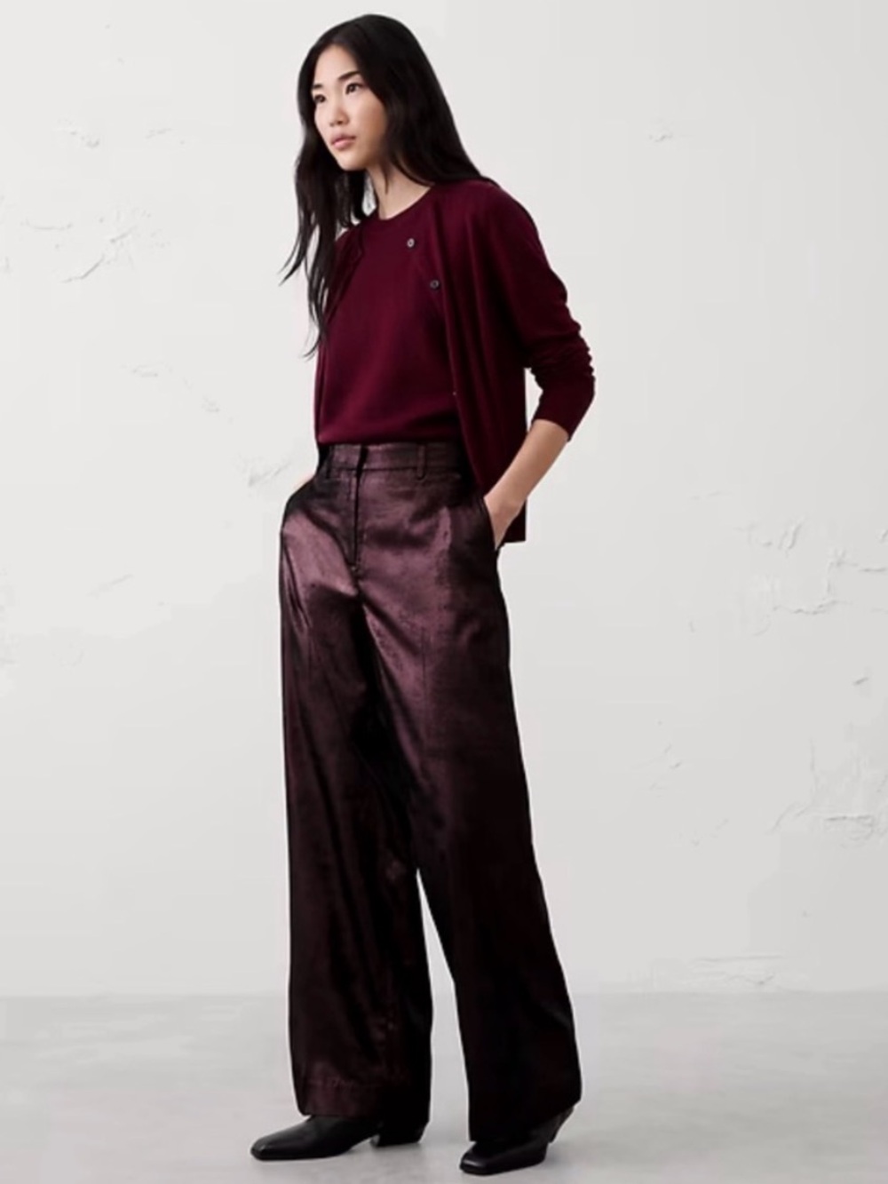 Banana Republic Metallic Wide Leg Trouser Pants Vino Rosso S Women’s Burgundy